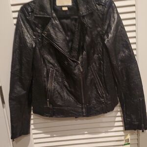 MICHEAL KORS Distressed SHINY Women's Faux Black Leather Jacket